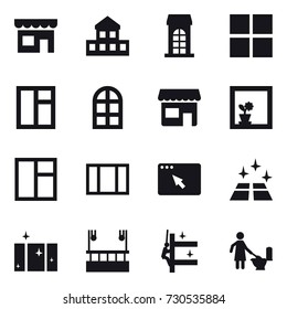 16 vector icon set : shop, cottage, building, window, arch window, flower in window, clean floor, clean  window, skyscapers cleaning, skyscrapers cleaning, toilet cleaning