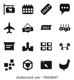 16 vector icon set : shop signboard, calendar, sale, message, plane, atm receipt, castle, panel house, palm hammock, chicken