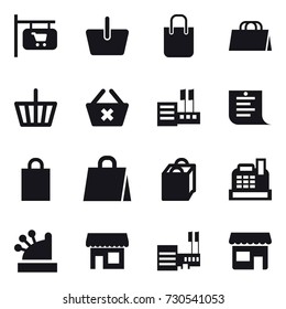 16 vector icon set : shop signboard, basket, shopping bag, delete cart, store, shopping list, cashbox, shop, mall