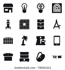 16 vector icon set : shop, bulb, bulb brain, fingerprint, dna modify, cpu, draw compass, fence, palm, coffee maker, chef  hat, drying clothe