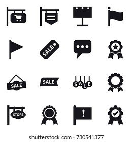 16 vector icon set : shop signboard, billboard, flag, sale, message, medal, store signboard