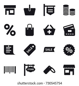 16 vector icon set : shop, basket, shop signboard, coin stack, percent, shopping bag, add to basket, credit card, shopping list, sale label, sale, barcode, store signboard