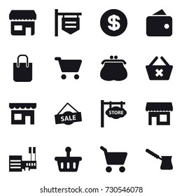 16 vector icon set : shop, shop signboard, dollar, wallet, shopping bag, cart, purse, delete cart, sale, store signboard, mall, turk