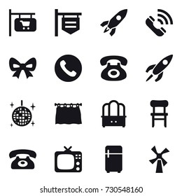 16 vector icon set : shop signboard, rocket, call, bow, phone, disco ball, curtain, dresser, chair, tv, fridge, windmill