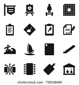 16 vector icon set : shop signboard, presentation, hoverboard, cpu, clipboard, under construction, surfer, windsurfing, cutting board, stairs, utility room