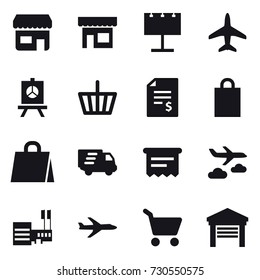 16 vector icon set : shop, billboard, plane, presentation, basket, account balance, shopping bag, delivery, atm receipt, journey, mall, cart, garage