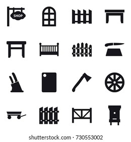 16 vector icon set : shop signboard, arch window, fence, table, stool, crib, cutting board, knife holder, axe, wheel, trailer, farm fence, hive