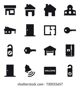 16 vector icon set : shop, home, mansion, house with garage, door, plan, key, do not distrub, garage, fridge, bell, welcome mat