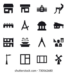 16 vector icon set : shop, greate wall, bridge, draw compass, goverment house, house with garage, modular house, fountain, drawing compass, architector, outdoor light, window, windmill