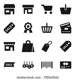 16 vector icon set : shop, cart, basket, sale, medal, credit card, shopping bag, label, sale label, barcode