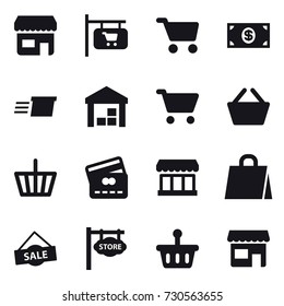 16 vector icon set : shop, shop signboard, cart, money, delivery, warehouse, basket, credit card, market, shopping bag, sale, store signboard