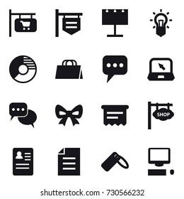 16 vector icon set : shop signboard, billboard, bulb, circle diagram, shopping bag, message, notebook, discussion, bow, atm receipt