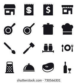 16 vector icon set : shop, receipt, pan, cook hat, big spoon, meat hammer, wine