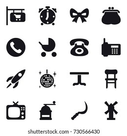 16 vector icon set : shop signboard, alarm clock, bow, purse, phone, baby stroller, disco ball, table, chair, tv, hand mill, sickle, windmill