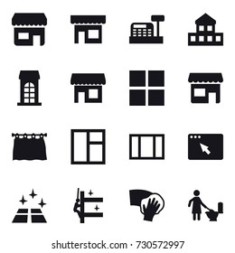 16 vector icon set : shop, cashbox, cottage, building, window, curtain, clean floor, skyscrapers cleaning, wiping, toilet cleaning