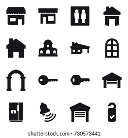 16 vector icon set : shop, wc, home, mansion, house with garage, arch window, arch, key, garage, fridge, bell, please clean