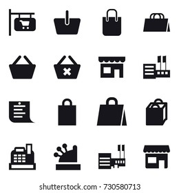 16 vector icon set : shop signboard, basket, shopping bag, delete cart, shop, store, shopping list, cashbox, mall