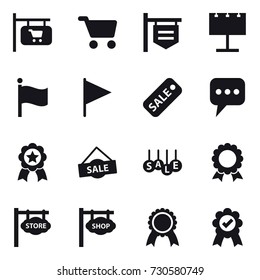 16 vector icon set : shop signboard, cart, billboard, flag, sale, message, medal, store signboard