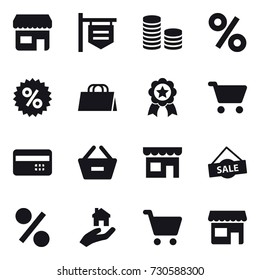 16 vector icon set : shop, shop signboard, coin stack, percent, shopping bag, medal, cart, credit card, remove from basket, sale, real estate