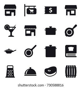 16 vector icon set : shop, shop signboard, receipt, cocktail, pan, barrel