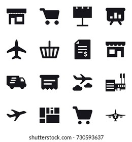 16 vector icon set : shop, cart, billboard, presentation, plane, basket, account balance, delivery, atm receipt, journey, mall