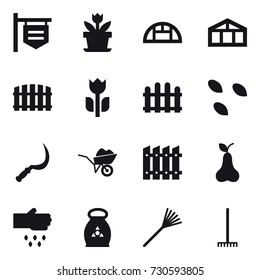 16 vector icon set : shop signboard, flower, greenhouse, fence, seeds, sickle, wheelbarrow, pear, sow, fertilizer, rake