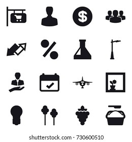 16 vector icon set : shop signboard, man, dollar, group, up down arrow, percent, outdoor light, plane, flower in window, bulb, trees, grape, washing powder