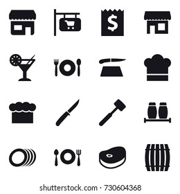 16 vector icon set : shop, shop signboard, receipt, cocktail, cafe, cutting board, cook hat, chef  hat, knife, meat hammer, barrel