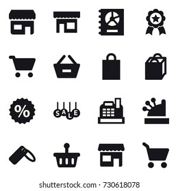 16 vector icon set : shop, annual report, medal, cart, remove from basket, shopping bag, percent, sale, cashbox
