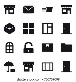 16 vector icon set : shop, mail, delivery, box, window, door, arch window, unlock