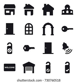16 vector icon set : shop, home, mansion, door, arch window, arch, key, do not distrub, bell, welcome mat, garage, please clean