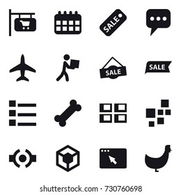 16 vector icon set : shop signboard, calendar, sale, message, plane, courier, list, panel house, chicken