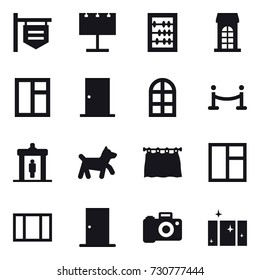 16 vector icon set : shop signboard, billboard, abacus, building, window, door, arch window, vip fence, detector, dog, curtain, clean  window