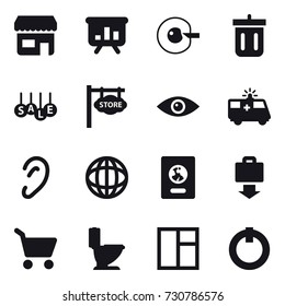 16 vector icon set : shop, presentation, cell corection, bin, sale, store signboard, passport, baggage get, cart, toilet, window