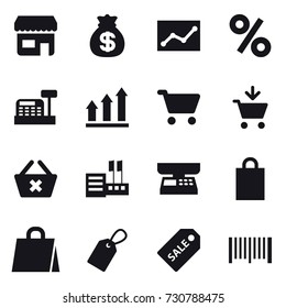 16 vector icon set : shop, money bag, statistic, percent, cashbox, graph up, cart, add to cart, delete cart, store, market scales, shopping bag, label, sale label, barcode