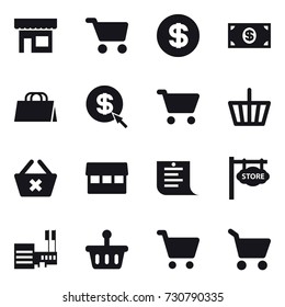 16 vector icon set : shop, cart, dollar, money, shopping bag, dollar arrow, basket, delete cart, market, shopping list, store signboard, mall