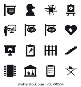16 vector icon set : shop signboard, chess horse, chip, presentation, store signboard, stairs, utility room, clipboard list, iron board
