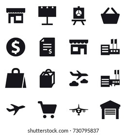 16 vector icon set : shop, billboard, presentation, basket, dollar coin, account balance, store, shopping bag, journey, mall, plane, garage