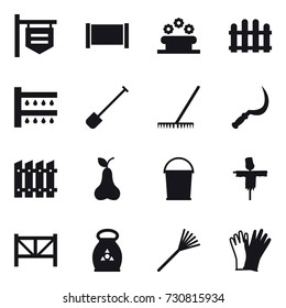 16 vector icon set : shop signboard, fence, flower bed, watering, shovel, rake, sickle, pear, bucket, scarecrow, farm fence, fertilizer, gloves