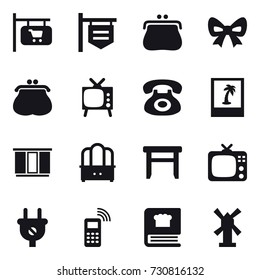 16 vector icon set : shop signboard, purse, bow, tv, photo, wardrobe, dresser, stool, windmill