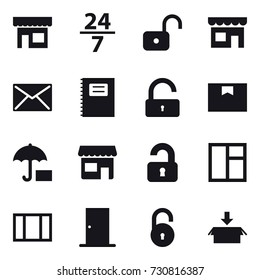16 vector icon set : shop, 24/7, unlock, mail, copybook, unlocked, window, door, package