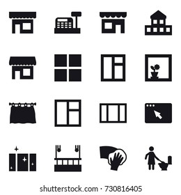 16 vector icon set : shop, cashbox, cottage, window, flower in window, curtain, clean  window, skyscapers cleaning, wiping, toilet cleaning