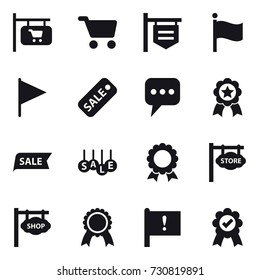 16 vector icon set : shop signboard, cart, flag, sale, message, medal, store signboard