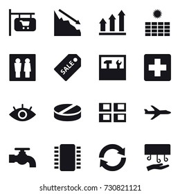 16 vector icon set : shop signboard, crisis, graph up, sun power, wc, sale label, tools, panel house, plane, water tap, reload, hand dryer
