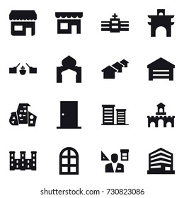 16 vector icon set : shop, arch, drawbridge, minaret, houses, garage, modern architecture, door, district, fort, palace, arch window, architector