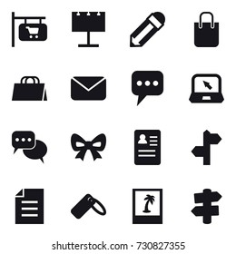 16 vector icon set : shop signboard, billboard, pencil, shopping bag, mail, message, notebook, discussion, bow, photo, signpost