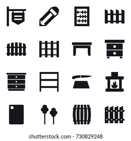 16 vector icon set : shop signboard, pencil, abacus, fence, table, nightstand, chest of drawers, rack, cutting board, fireplace, trees, barrel