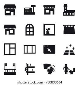 16 vector icon set : shop, cashbox, mansion, arch window, flower in window, curtain, window, clean floor, skyscapers cleaning, skyscrapers cleaning, wiping, toilet cleaning