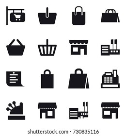 16 vector icon set : shop signboard, basket, shopping bag, shop, store, shopping list, cashbox, mall