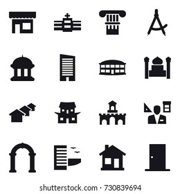 16 vector icon set : shop, column, draw compass, goverment house, skyscraper, airport building, minaret, houses, japanese house, fort, architector, arch, hotel, home, door